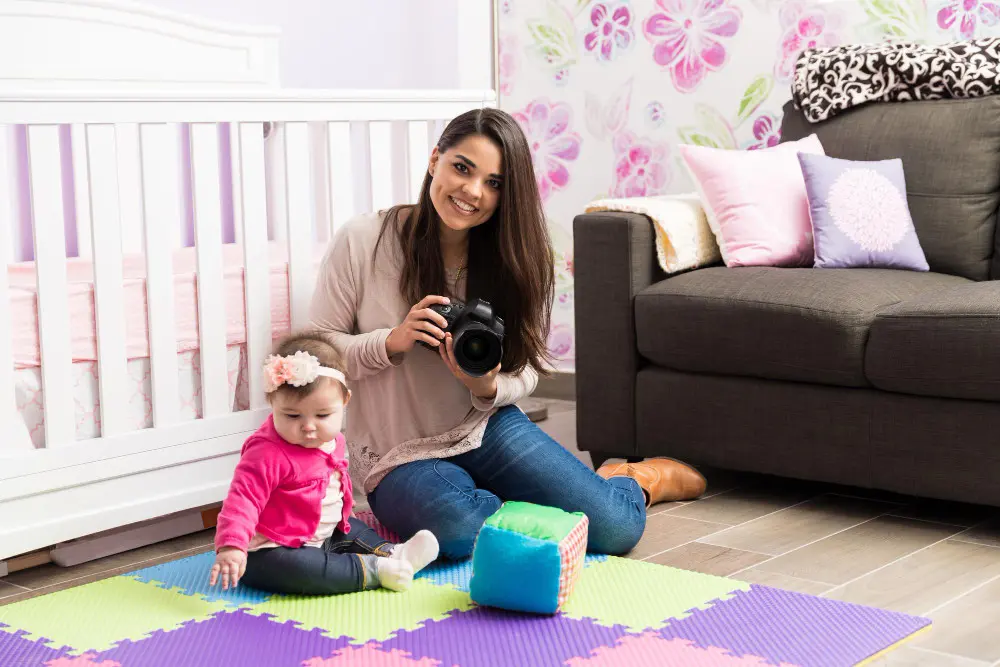 Mother and baby in colorful room