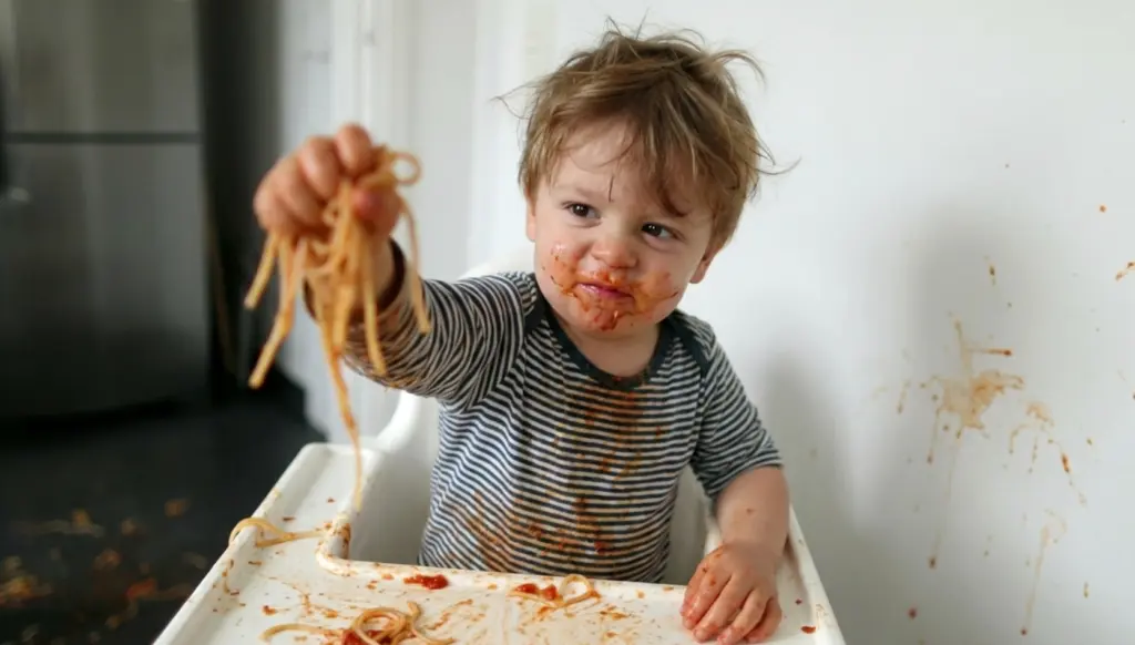 Toddler playing with spaghetti messily.