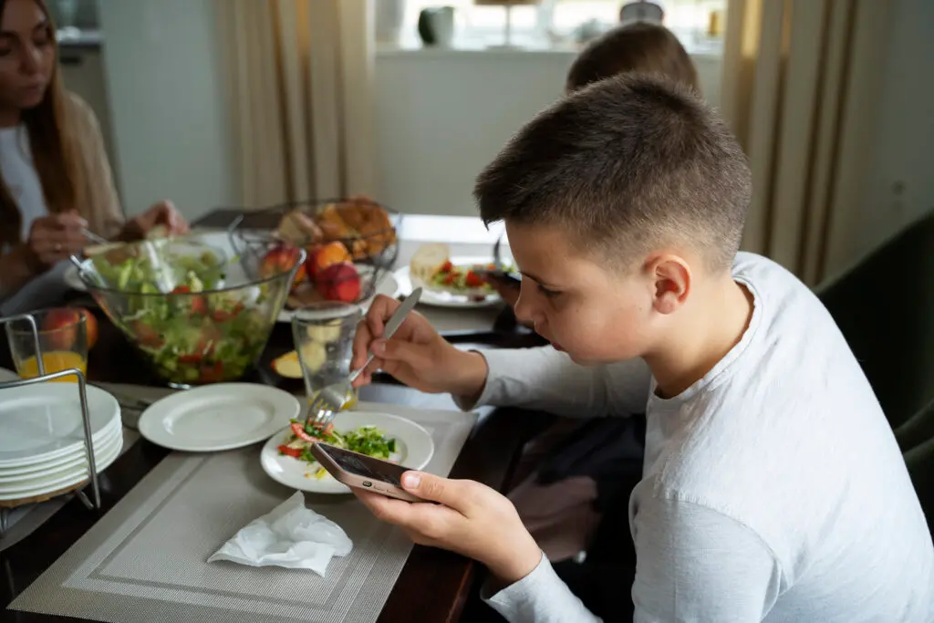 a boy using mobile during his lunch
