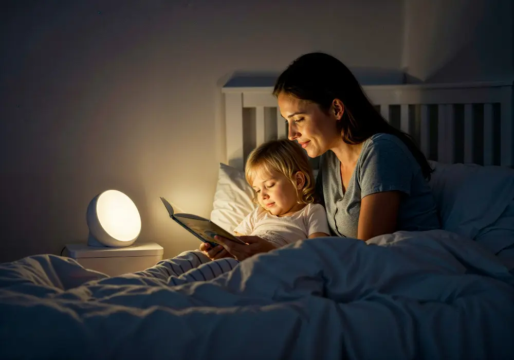 mother giving story time to her daughter before sleep