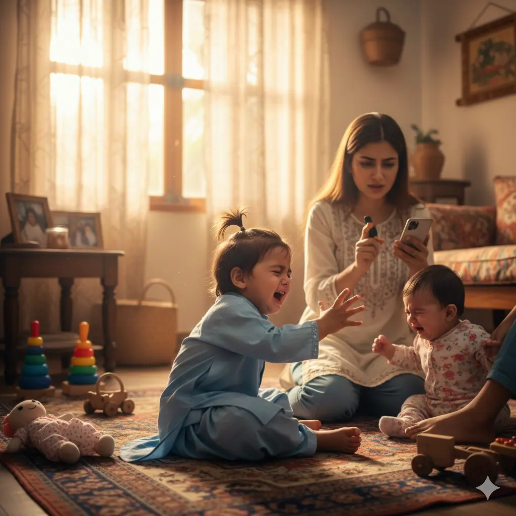 Toddler crying for attention while mother looks at mobile phone at home in Pakistan