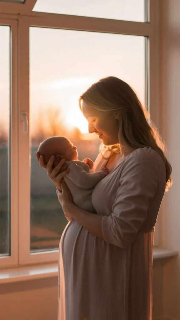 Mother holding baby by window.