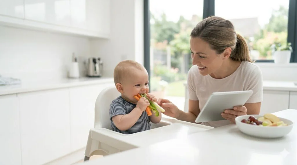 A mother smiling and supervising her baby in a high chair as the infant eats soft vegetable strips in a bright, clean kitchen.