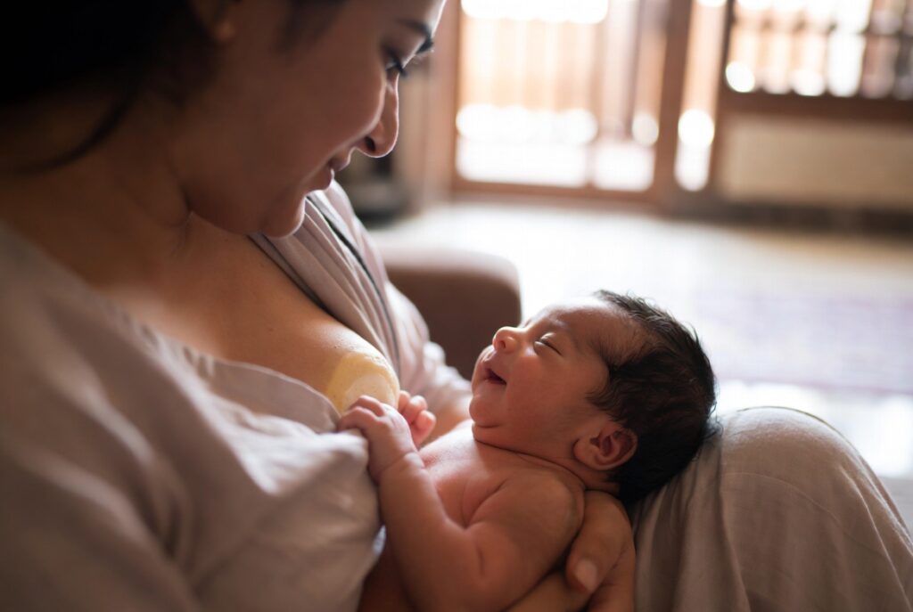 Mother feeding smiling newborn baby.