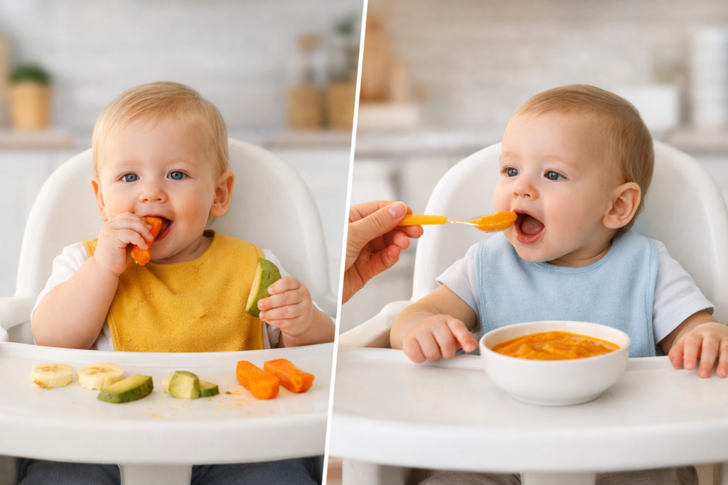 Baby self-feeding finger foods vs spoon feeding purée in high chair