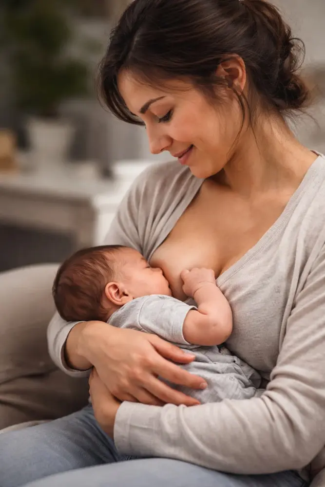 Mother breastfeeding her baby peacefully.