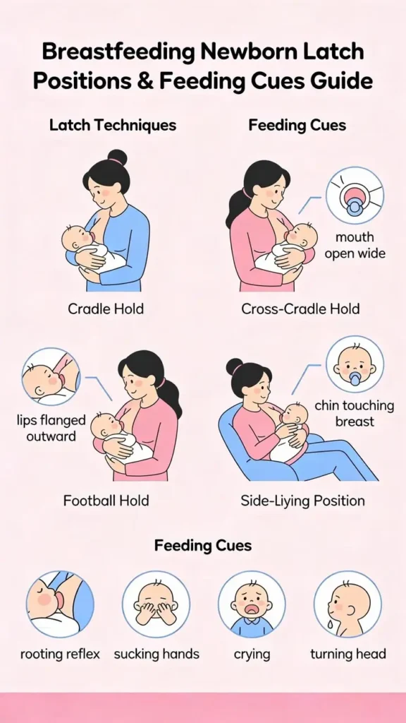 Best Breastfeeding Positions for Newborns: A Complete Guide for New Moms 3 Illustration of breastfeeding newborn latch positions including cradle, cross-cradle, football hold, and side-lying with feeding cues like rooting and sucking hands