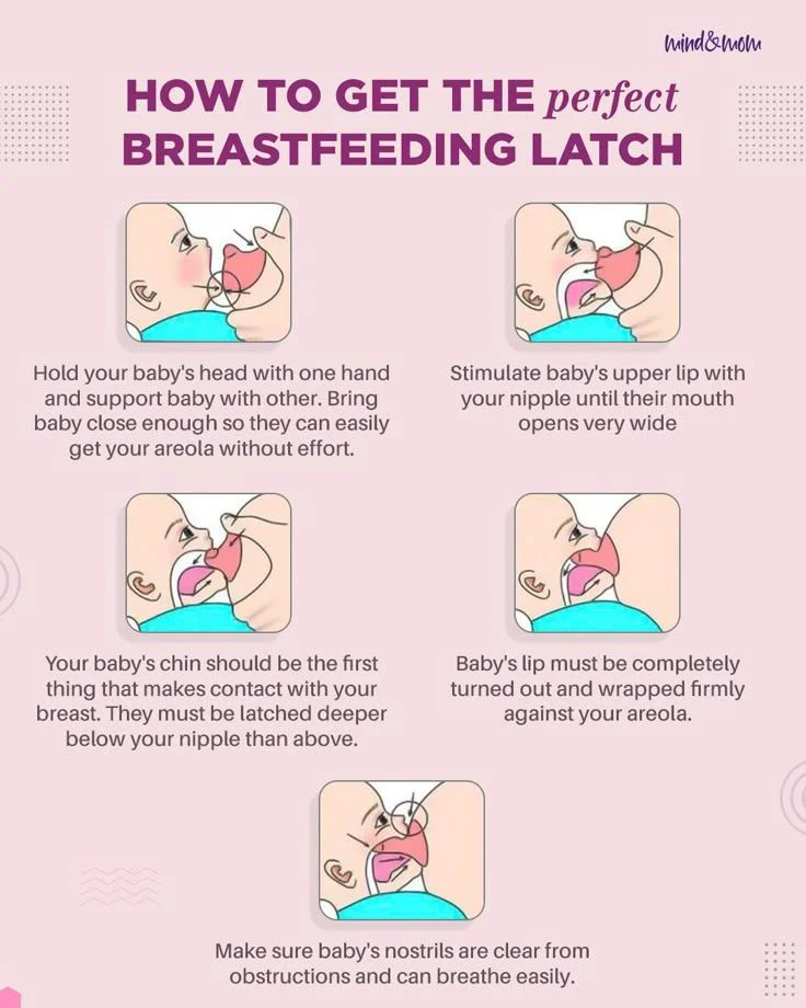 Best Breastfeeding Positions for Newborns: A Complete Guide for New Moms 4 Step-by-step guide showing how to achieve a proper breastfeeding latch with baby’s mouth wide open, chin touching breast, and lips flanged outward