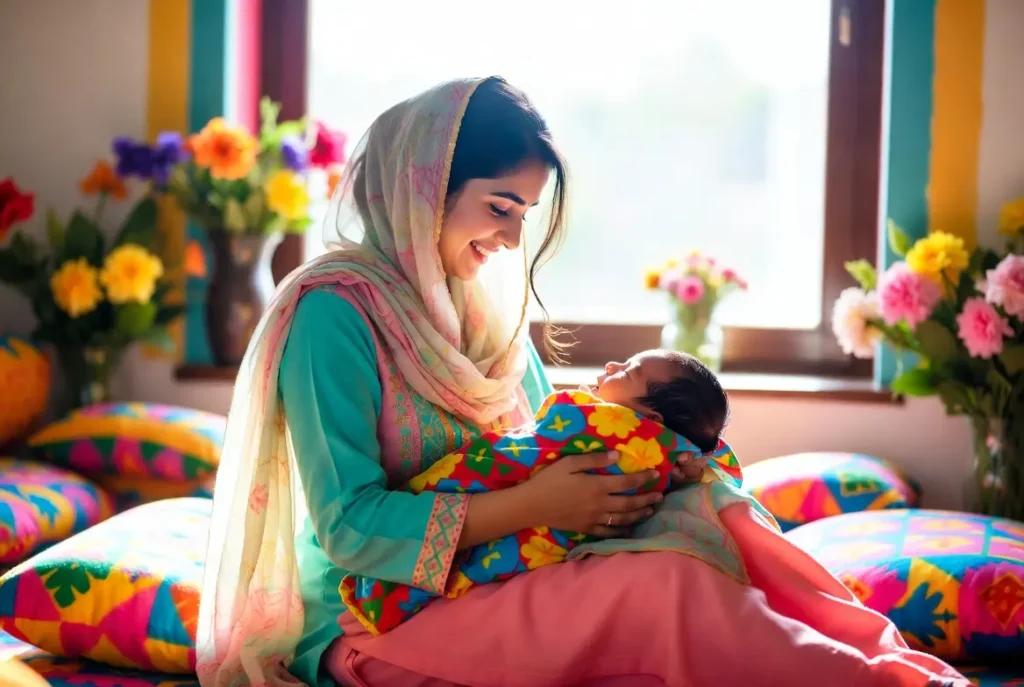 Mother and baby in colorful setting