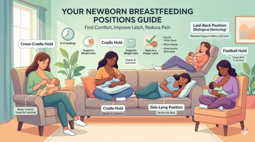 Illustrated guide of newborn breastfeeding positions including cradle hold, cross-cradle, football hold, and side-lying position in a home setting