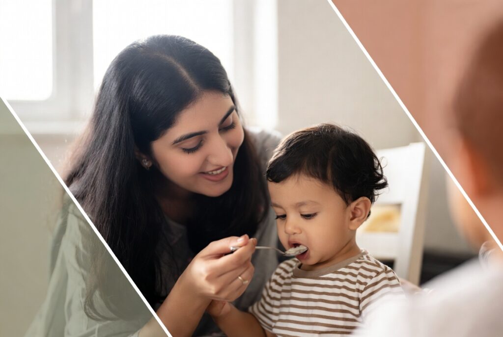 A Pakistani Mom Feeding her Toddler Kid