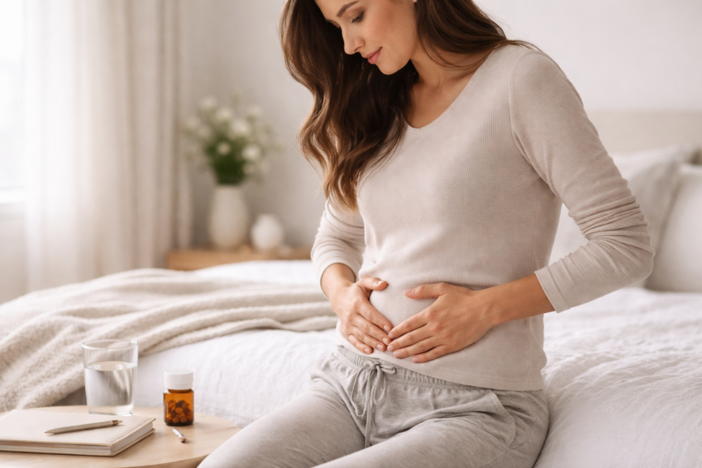 Woman holding abdomen in a calm home setting, symbolizing preparing the body for pregnancy