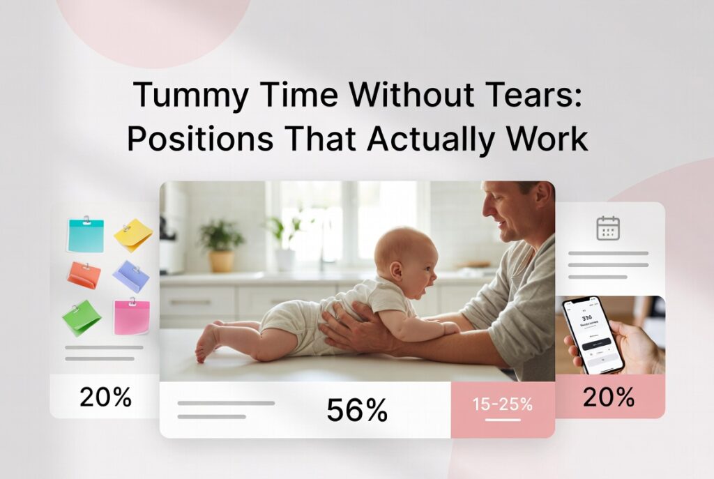 Baby enjoying tummy time on chest with soft pink overlays – no-tears positions guide on Momistan.com