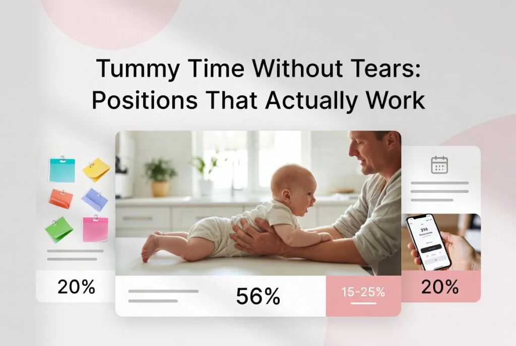 Baby enjoying tummy time on chest with soft pink overlays – no-tears positions guide on Momistan.com