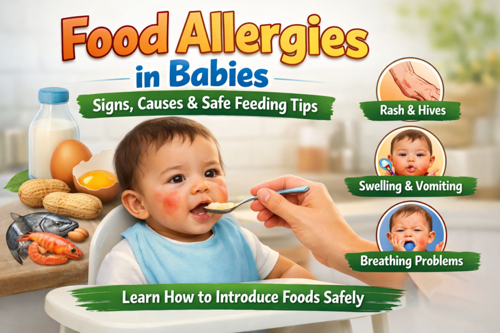 Baby with cheek rash being fed, illustrating food allergies and common symptoms.