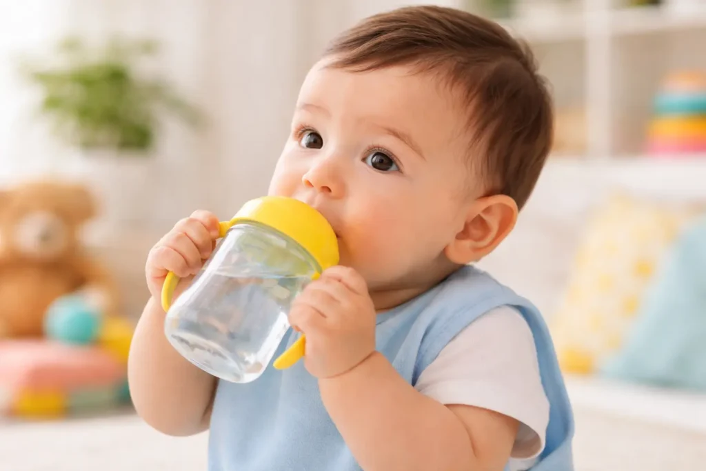 Baby drinking water from a sippy cup at home in a safe and healthy way