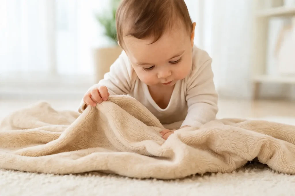 Baby exploring a soft blanket in a calm indoor setting, representing early cognitive development and object permanence