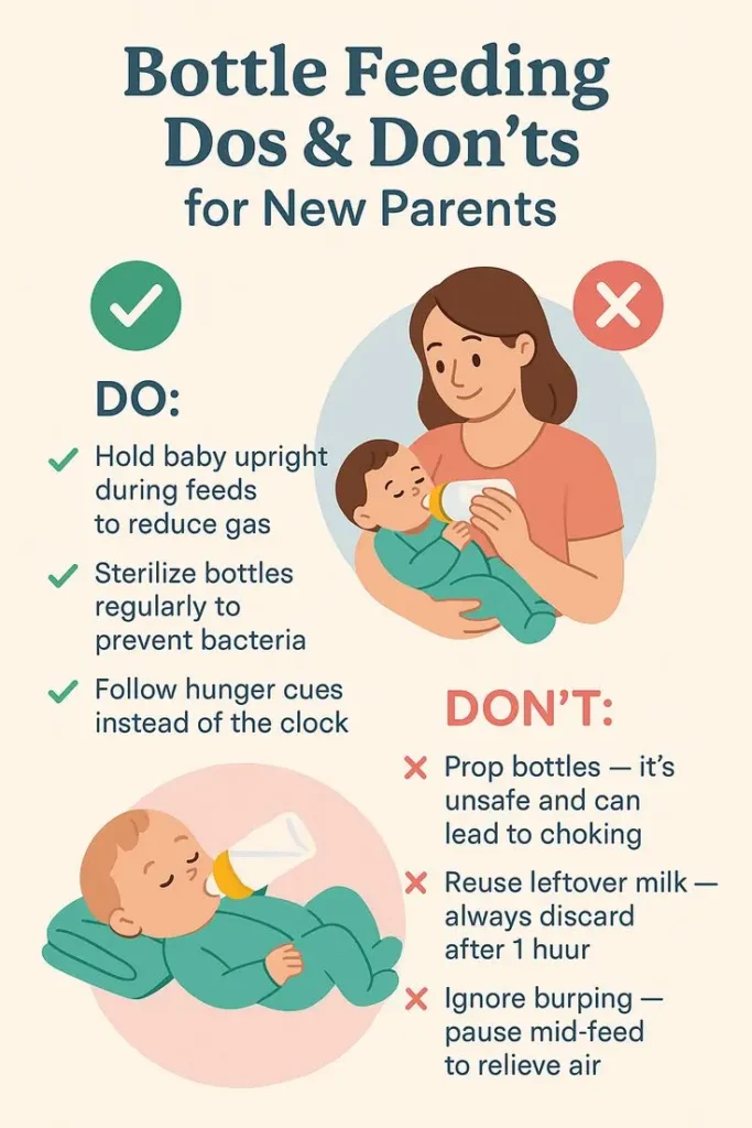 Infographic showing bottle feeding dos and don’ts for new parents, including safe feeding positions, sterilization, and avoiding propping bottles.