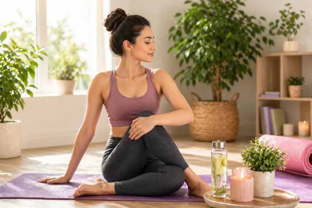 Healthy woman doing light exercise in cozy room