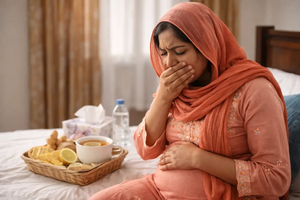 Pregnant Pakistani woman experiencing morning sickness at home