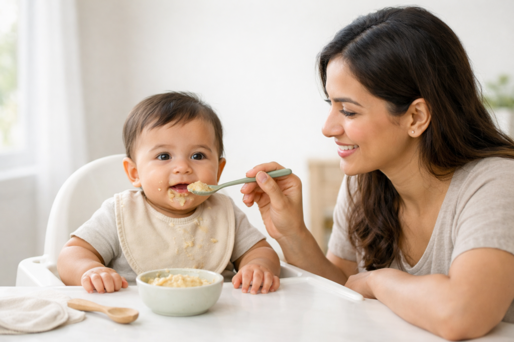 Mother gently feeding her 6-month-old baby soft mashed food in a bright, calm home setting, with natural light and a peaceful atmosphere.