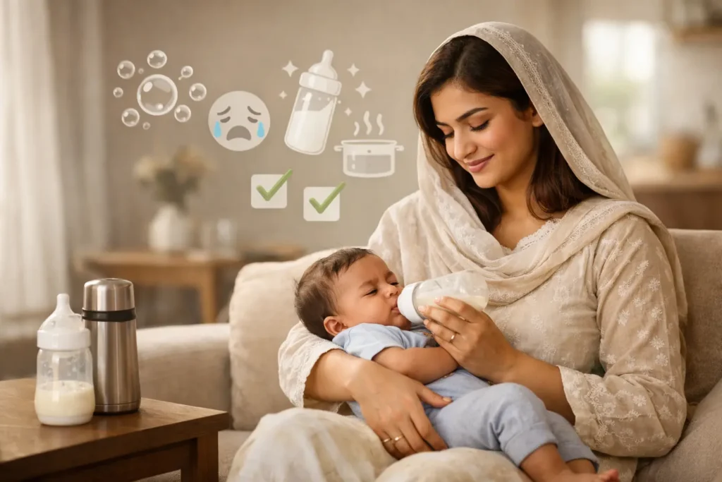 Pakistani mother gently bottle-feeding her baby in a softly lit modern home with icons showing common formula feeding concerns.