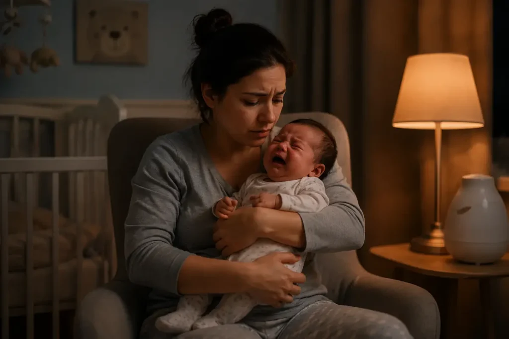 Mother calmly holding and soothing a crying baby in a softly lit nursery at night, showing evening fussiness and comfort.