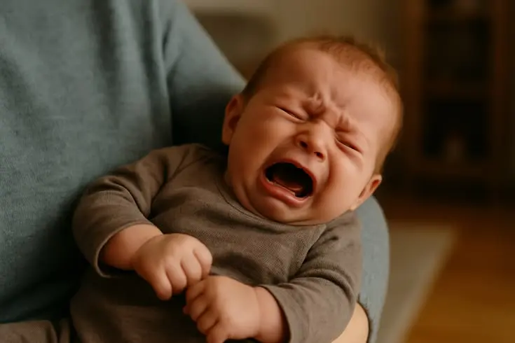 baby is crying on her mother's lap 