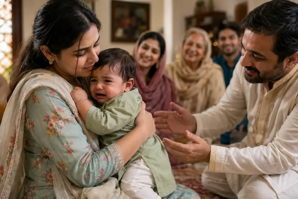 Mother comforting a crying baby during a family gathering as relatives gently interact nearby.