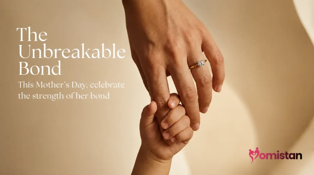 Mother holding baby’s hand with Mother’s Day message and Momistan logo