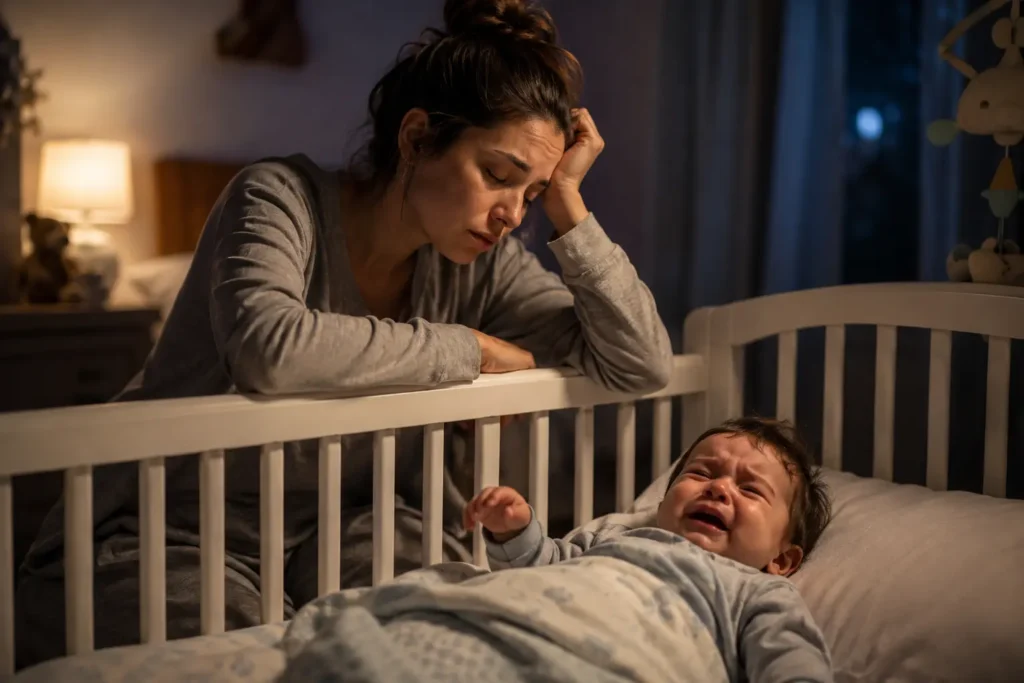Exhausted mother comforting a crying baby awake at night in a dimly lit bedroom