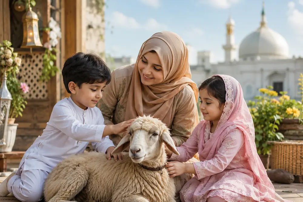 Mother and children with sheep on Eid al-Adha
