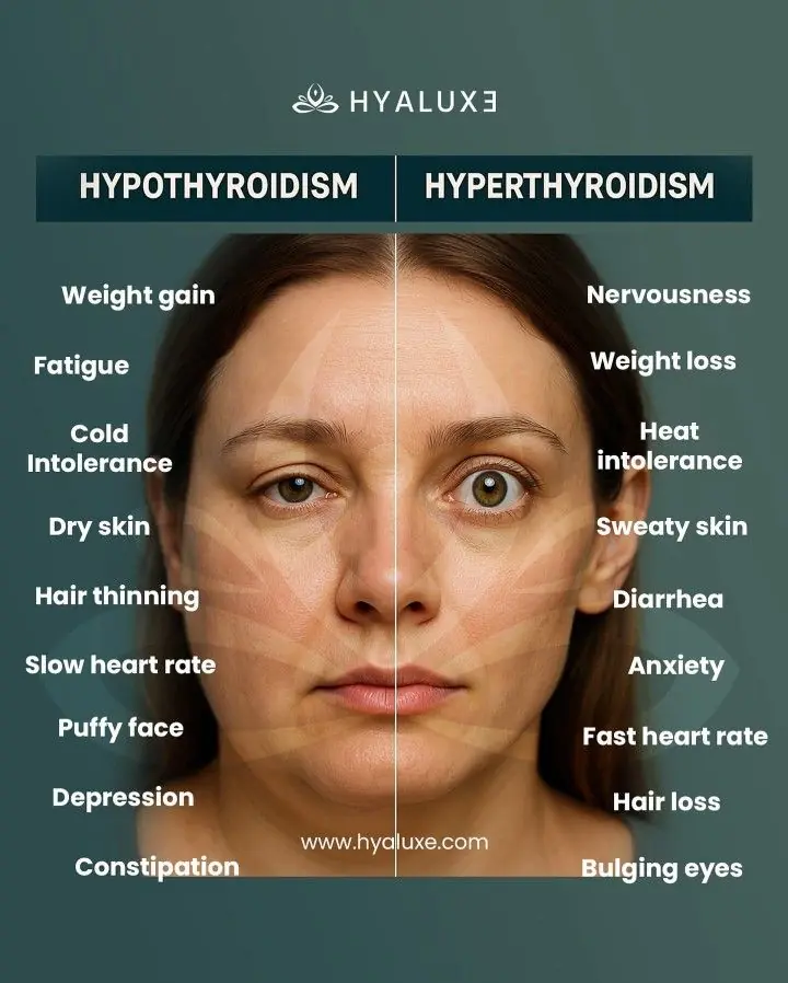 A split infographic comparing symptoms of hypothyroidism and hyperthyroidism, such as weight changes and fatigue, overlaid on a woman's face.