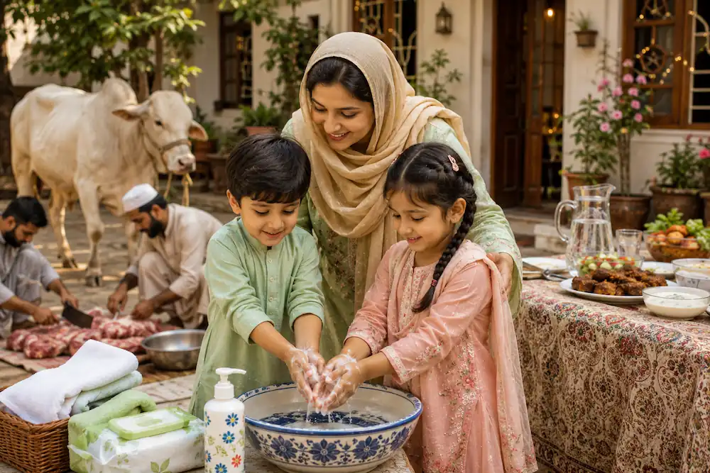 Mother teaching children handwashing during Eid al-Adha
