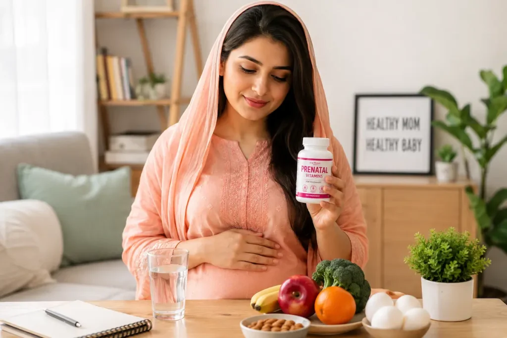 A pregnant woman holding prenatal vitamins in a calm home setting with healthy food on the table, representing pregnancy nutrition and maternal care.