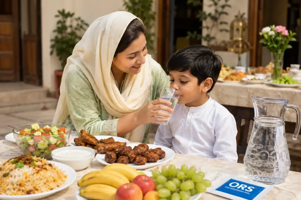 Mother helping child eat healthy Eid meal safely