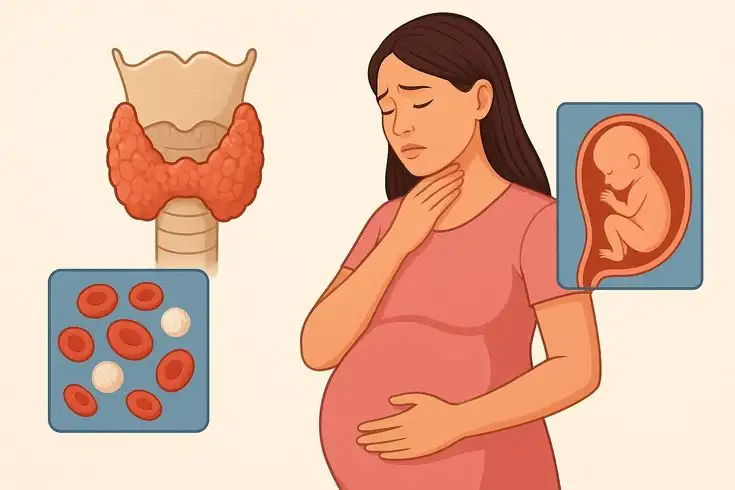An illustration of a concerned pregnant woman surrounded by icons of a thyroid gland, a fetus, and blood cells, showing the link between thyroid function and pregnancy.