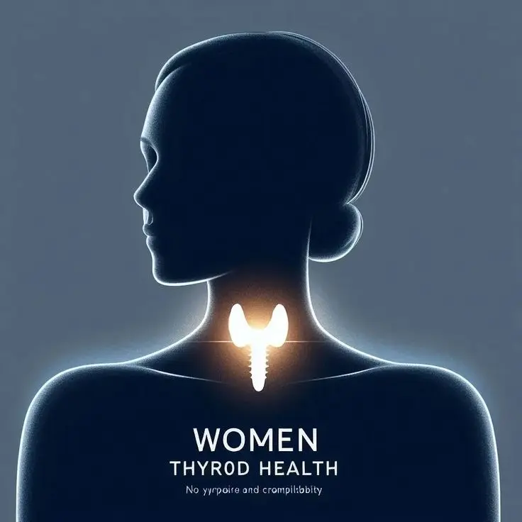 A dark silhouette of a woman’s head and shoulders featuring a glowing white anatomical illustration of the thyroid gland in the neck.