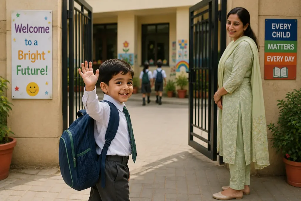 How to reduce first day of school anxiety confident child saying goodbye at school gate, Pakistan.
