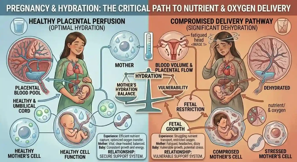 Infographic showing pregnancy & hydration: Critical path to nutrient and oxygen delivery. Left (optimal hydration) illustrates healthy placental perfusion and blood flow. Right (significant dehydration) shows compromised placental flow, reduced nutrients/oxygen, fetal restriction, and stressed cells.
