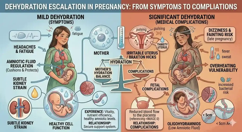 Dehydration escalation in pregnancy infographic: Left side (mild dehydration) shows symptoms like headaches, fatigue, and subtle kidney strain. Right side (significant dehydration) highlights complications including Braxton Hicks, oligohydramnios, dizziness, overheating, and fetal risks.