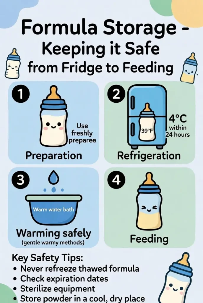 Infographic: Formula Storage - Keeping it Safe from Fridge to Feeding. Illustrated guide showing preparation, refrigeration at 4°C within 24 hours, safe warming, and feeding steps, with key safety tips for baby formula.