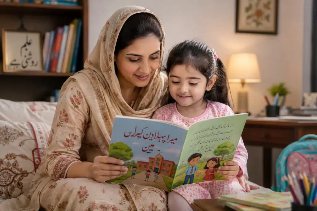 How to prepare a child emotionally for school Pakistani mother and child reading together at home.