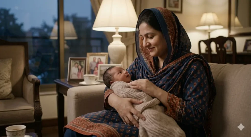 A serene Pakistani mother wearing a dupatta gently cradles her newborn baby in a warm, dimly lit living room, showcasing a quiet moment of comfort and infant feeding reassurance.
