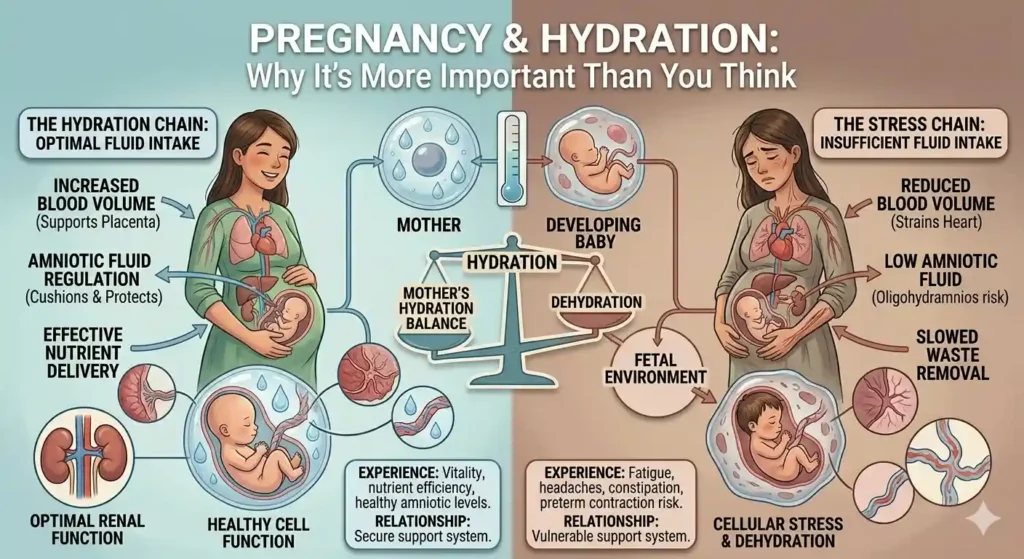 Infographic titled 'Pregnancy & Hydration' comparing optimal fluid intake (left, blue) vs insufficient intake (right, brown). Shows positive effects on mother and baby (increased blood volume, amniotic fluid, nutrient delivery) versus risks like reduced blood volume, low amniotic fluid, and cellular stress.