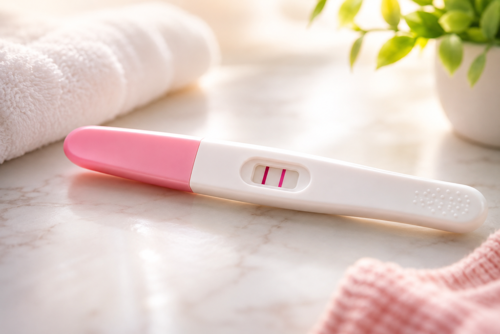 Close-up of a home pregnancy test showing a positive result.
