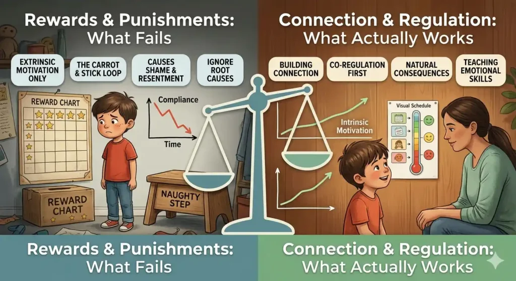 Rewards and punishments vs connection and regulation parenting infographic