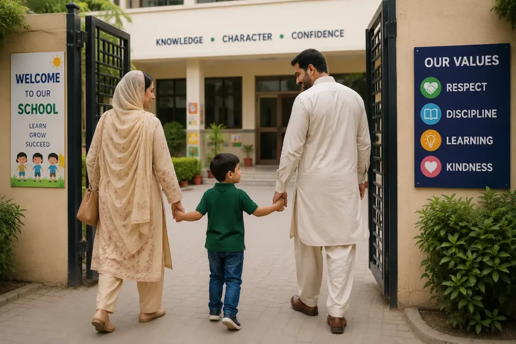 School readiness tips for parents in Pakistan  mother, father, and 5-year-old child visiting a school campus before the first day of school.