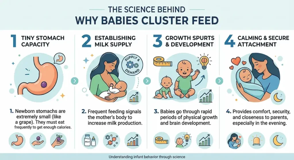 Why Newborns Suddenly Feed Non-Stop: Understanding Cluster Feeding Without Panic 3 A friendly and detailed infographic explaining the biology of cluster feeding, showing a baby's stomach compared to a grape and illustrations of breastfeeding.