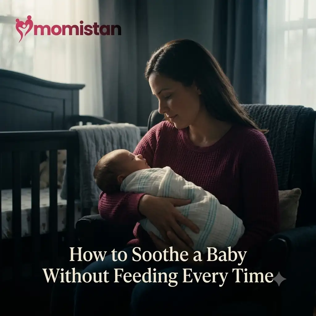 "Mother gently holding and soothing a sleeping baby in a nursery, with title: How to Soothe a Baby Without Feeding Every Time"